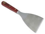 A 100mm flexible filling knife with a thin steel blade and a painted wooden or plastic handle, for applying and smoothing filler and caulk.
