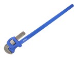 A large blue steel pipe wrench with an adjustable jaw and a long handle, designed for gripping and turning pipes and fittings.