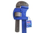 A blue and silver Faithfull brand Stillson wrench with an adjustable jaw, shown upright with a product tag attached to the handle.