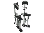 A pair of adjustable drywall stilts made of metal with black footplates, calf supports, and straps, designed for construction or painting work to reach higher areas safely.