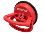 A red Faithfull brand suction cup lifter with a black rubber base and a handle, used for lifting and carrying glass or smooth surfaces.