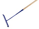 A Faithfull garden rake with multiple hardened steel tines and a long wooden handle, for levelling soil and clearing debris.