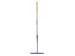 A garden rake with a long wooden handle and a blue metal head featuring evenly spaced tines, shown against a plain white background.