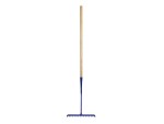 A garden rake with a long wooden handle and a blue metal head, featuring straight tines, is pictured against a plain white background.