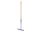 A garden rake with a long wooden handle and a blue metal head featuring straight, evenly spaced tines.