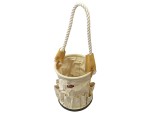 A heavy-duty plastic site bucket with a sturdy carry handle and measurement markings on the interior, for mixing and transporting materials.