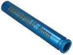 A bi-metal 8mm hole saw with hardened teeth and a centre drill-bit pilot, for cutting large-diameter holes in timber, metal, and plastic.