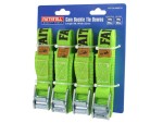 Four green Faithfull cam buckle tie down straps on a blue retail card. Each strap has a metal buckle and black branding. Packaging details indicate length 5m, width 25mm, and max load of 180kg.
