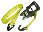 A yellow ratchet strap with black hooks at both ends and a black handle labeled FAITHFULL, used for securing loads.