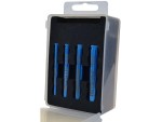 A plastic case with a foam insert holds four blue metal tools, each labeled with a size, arranged vertically in individual slots. The case is partially open and has a transparent front.
