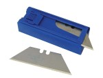 A blue plastic dispenser holding utility knife blades, with one blade partially extended and one separate blade lying in front of the dispenser.
