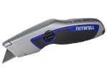 A retractable utility knife with a rubberised or plastic body, a locking mechanism, and replaceable snap-off blade segments.