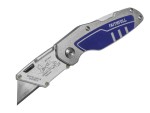 A retractable utility knife with a rubberised or plastic body, a locking mechanism, and replaceable snap-off blade segments.