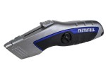 A retractable utility knife with a rubberised or plastic body, a locking mechanism, and replaceable snap-off blade segments.