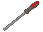A Faithfull round file with a hardened steel abrasive surface and a turned wooden or synthetic handle, for shaping and deburring metal.