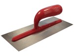 A Faithfull plasterer's finishing trowel with a thin, flexible steel blade and a turned wooden handle, for achieving smooth plaster surfaces.