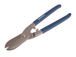 A pair of compound-action tin snips with serrated blades and colour-coded handles indicating the cutting direction.,