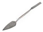 A Faithfull trowel with a polished steel blade and an ergonomic handle, for applying and finishing mortar, plaster, and adhesive.