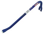 A hardened steel crowbar with a curved prying end and a pointed chisel tip, designed for levering, prying, and demolition work.