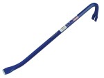 A hardened steel crowbar with a curved prying end and a pointed chisel tip, designed for levering, prying, and demolition work.