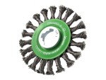A wire brush with steel or brass bristle rows in a wooden or plastic handle, for removing rust, scale, and surface contaminants from metal.
