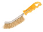 A wire brush with steel or brass bristle rows in a wooden or plastic handle, for removing rust, scale, and surface contaminants from metal.