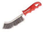 A wire brush with steel or brass bristle rows in a wooden or plastic handle, for removing rust, scale, and surface contaminants from metal.