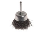 A wire brush with steel or brass bristle rows in a wooden or plastic handle, for removing rust, scale, and surface contaminants from metal.