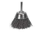 A wire brush with steel or brass bristle rows in a wooden or plastic handle, for removing rust, scale, and surface contaminants from metal.