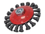 A wire brush with steel or brass bristle rows in a wooden or plastic handle, for removing rust, scale, and surface contaminants from metal.