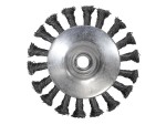 A wire brush with steel or brass bristle rows in a wooden or plastic handle, for removing rust, scale, and surface contaminants from metal.