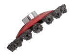 A wire brush with steel or brass bristle rows in a wooden or plastic handle, for removing rust, scale, and surface contaminants from metal.