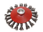 A wire brush with steel or brass bristle rows in a wooden or plastic handle, for removing rust, scale, and surface contaminants from metal.