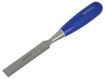 A bevel-edge wood chisel with a hardened steel blade and a polymer or wooden handle, for paring and chopping joints in timber.