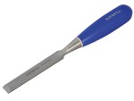 A bevel-edge wood chisel with a hardened steel blade and a polymer or wooden handle, for paring and chopping joints in timber.