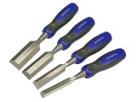 A bevel-edge wood chisel with a hardened steel blade and a polymer or wooden handle, for paring and chopping joints in timber.