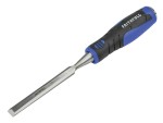 A bevel-edge wood chisel with a hardened steel blade and a polymer or wooden handle, for paring and chopping joints in timber.