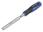 A bevel-edge wood chisel with a hardened steel blade and a polymer or wooden handle, for paring and chopping joints in timber.