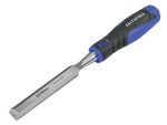 A bevel-edge wood chisel with a hardened steel blade and a polymer or wooden handle, for paring and chopping joints in timber.