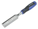 A bevel-edge wood chisel with a hardened steel blade and a polymer or wooden handle, for paring and chopping joints in timber.