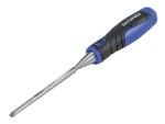 A bevel-edge wood chisel with a hardened steel blade and a polymer or wooden handle, for paring and chopping joints in timber.